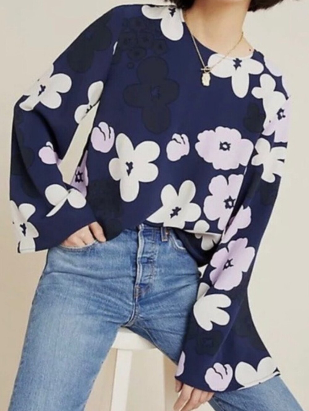 NWT Marimekko Sorea Kevattalkoot Floral Crepe Bell Sleeve Crewneck Blouse Size 8